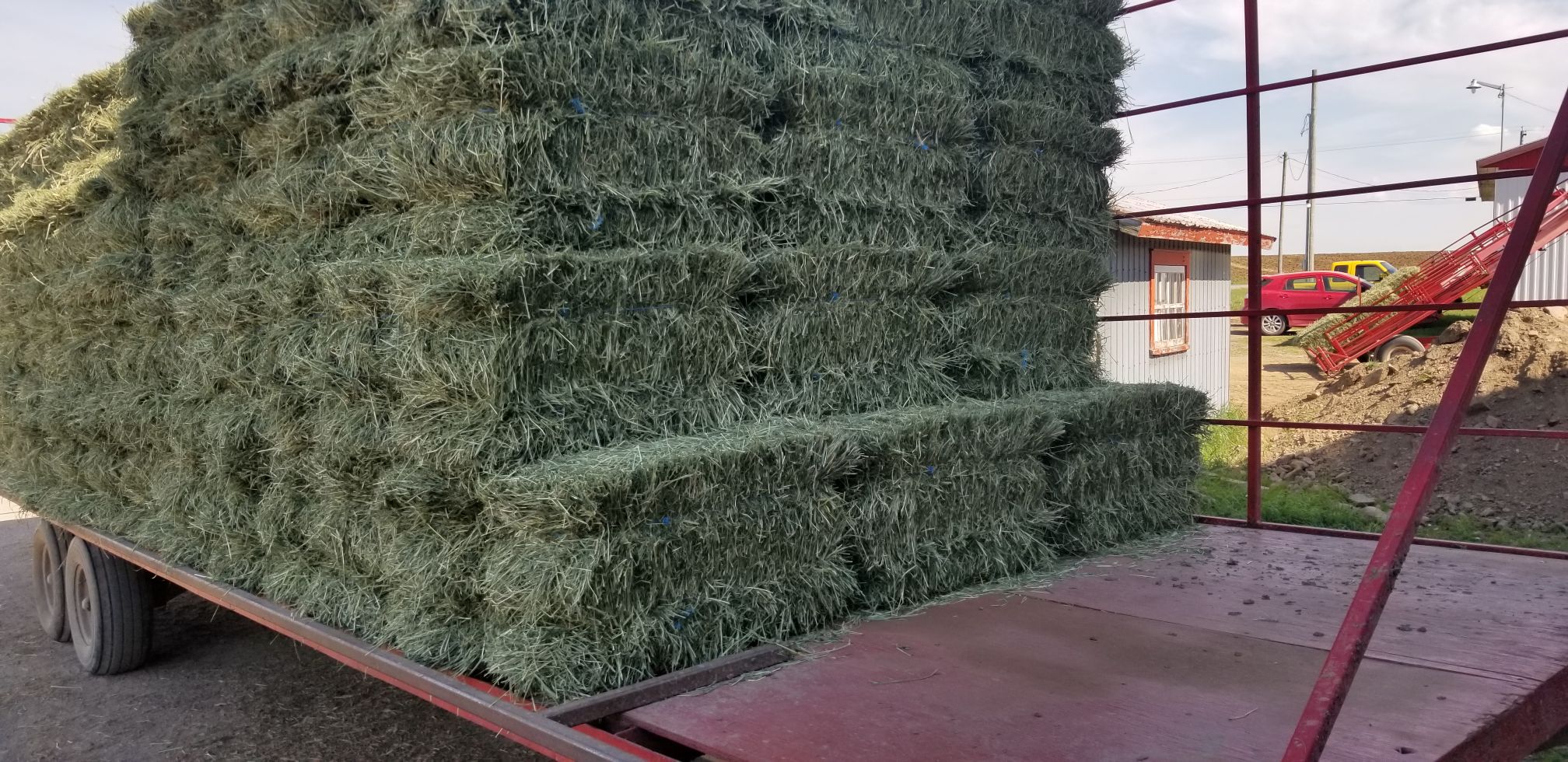 Stacked rectangular bales of green hay piled high on a flatbed trailer beside a small metal building, in Dover-Foxcroft, Maine